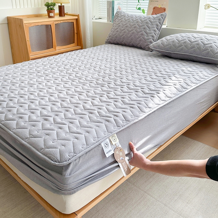 91家纺网 家纺一手货源 找家纺 犇牛仓储供应链 2026新款全棉色织水洗棉夹棉床笠床垫【可定制】 纯色素雅-冰山灰