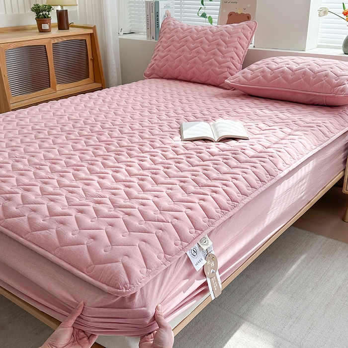 91家纺网 家纺一手货源 找家纺 犇牛仓储供应链 2026新款全棉色织水洗棉夹棉床笠床垫【可定制】 纯色素雅-豆沙粉