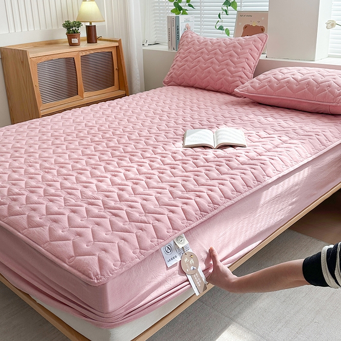 91家纺网 家纺一手货源 找家纺 犇牛仓储供应链 2026新款全棉色织水洗棉夹棉床笠床垫【可定制】 纯色素雅-豆沙粉