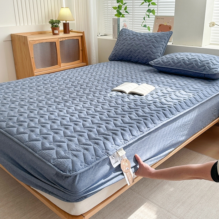 91家纺网 家纺一手货源 找家纺 犇牛仓储供应链 2026新款全棉色织水洗棉夹棉床笠床垫【可定制】 纯色素雅-牛仔蓝