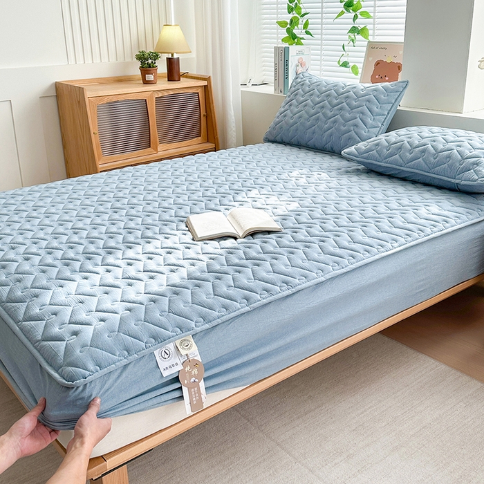 91家纺网 家纺一手货源 找家纺 犇牛仓储供应链 2026新款全棉色织水洗棉夹棉床笠床垫【可定制】 纯色素雅-清雅蓝