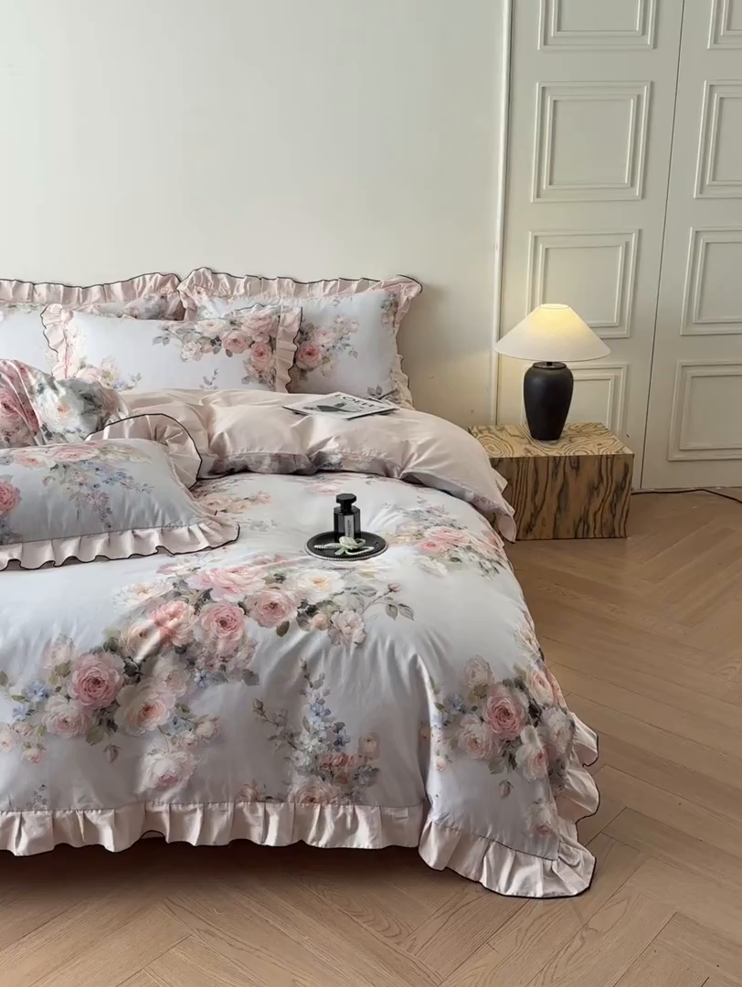 91家纺网 家纺一手货源 找家纺 （总）格里芬家纺 2026新款全棉精梳棉韩系花边款印花四件套