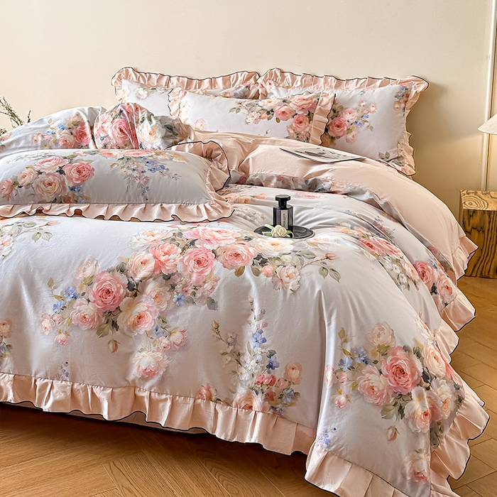 91家纺网 家纺一手货源 找家纺 格里芬家纺 2026新款全棉精梳棉韩系花边款印花四件套 芙琳娜