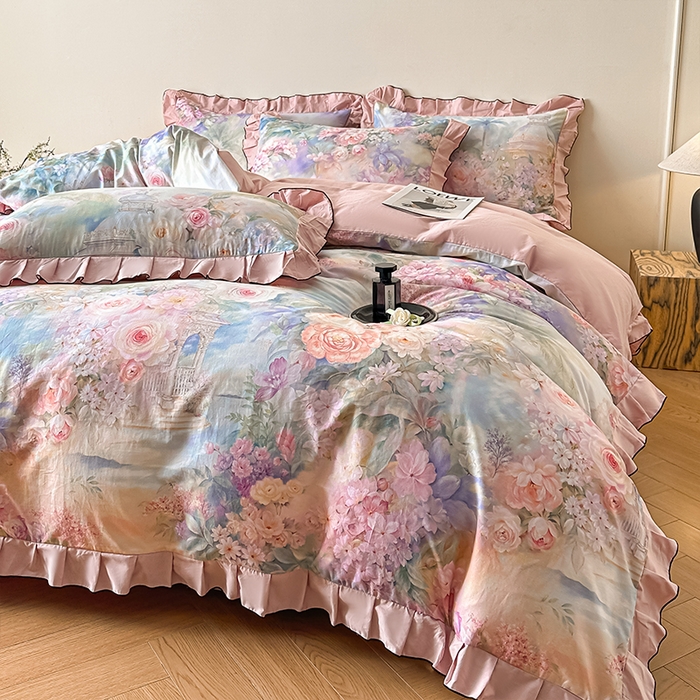 91家纺网 家纺一手货源 找家纺 格里芬家纺 2026新款全棉精梳棉韩系花边款印花四件套 波西娅-粉