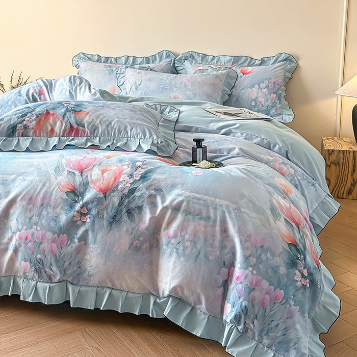 91家纺网 家纺一手货源 找家纺 格里芬家纺 2026新款全棉精梳棉韩系花边款印花四件套 春芳