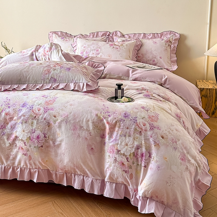 91家纺网 家纺一手货源 找家纺 格里芬家纺 2026新款全棉精梳棉韩系花边款印花四件套 花间漫步-粉