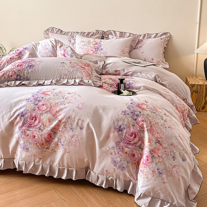 91家纺网 家纺一手货源 找家纺 格里芬家纺 2026新款全棉精梳棉韩系花边款印花四件套 洛莉娅-粉紫