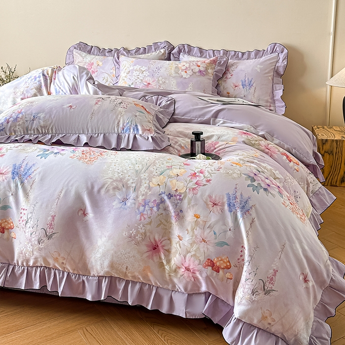 91家纺网 家纺一手货源 找家纺 格里芬家纺 2026新款全棉精梳棉韩系花边款印花四件套 诗意繁花-紫