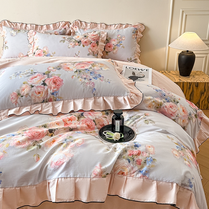 91家纺网 家纺一手货源 找家纺 格里芬家纺 2026新款全棉精梳棉韩系花边款印花四件套 芙琳娜