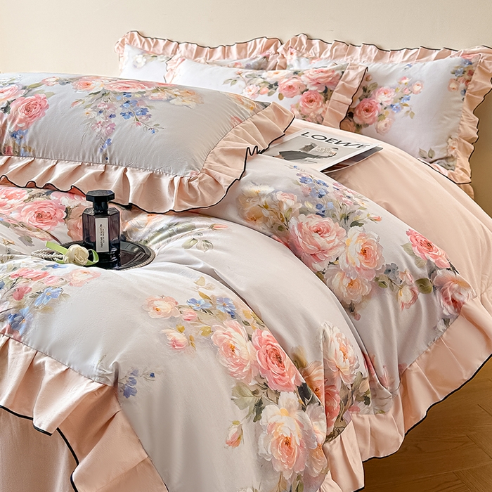 91家纺网 家纺一手货源 找家纺 格里芬家纺 2026新款全棉精梳棉韩系花边款印花四件套 芙琳娜