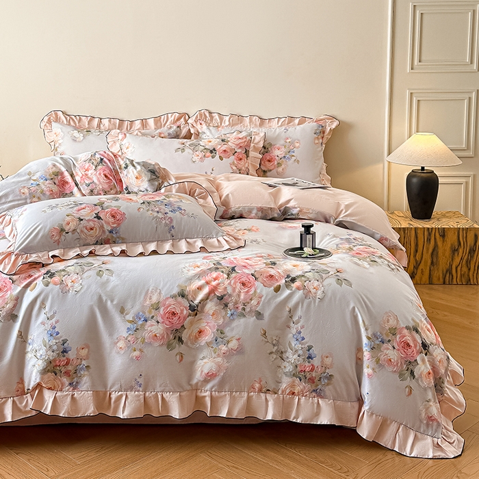 91家纺网 家纺一手货源 找家纺 格里芬家纺 2026新款全棉精梳棉韩系花边款印花四件套 芙琳娜