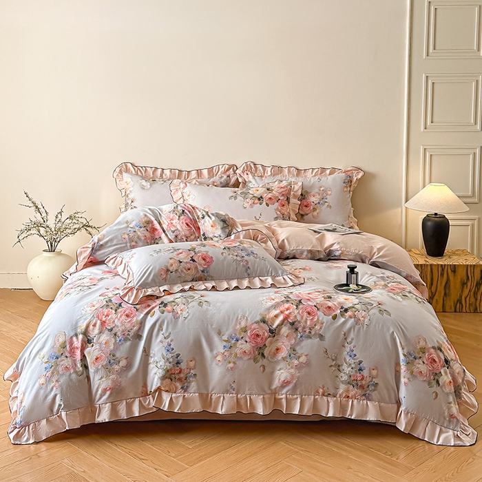 91家纺网 家纺一手货源 找家纺 格里芬家纺 2026新款全棉精梳棉韩系花边款印花四件套 芙琳娜