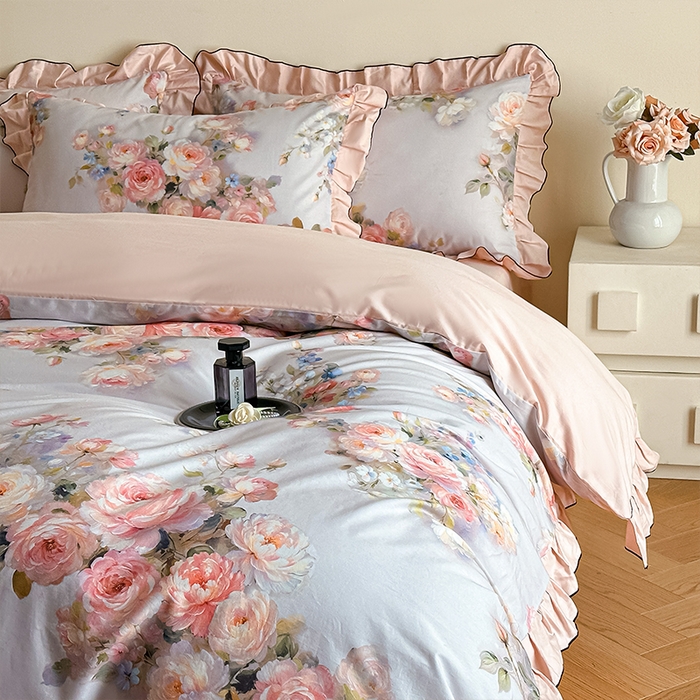 91家纺网 家纺一手货源 找家纺 格里芬家纺 2026新款全棉精梳棉韩系花边款印花四件套 芙琳娜