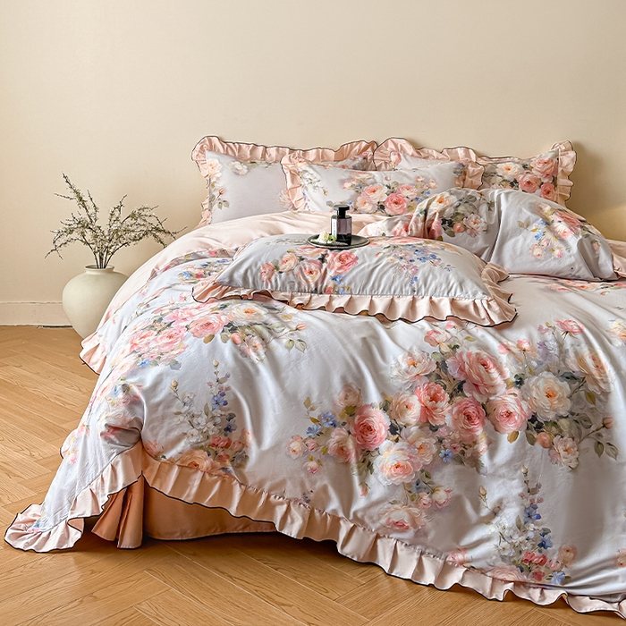 91家纺网 家纺一手货源 找家纺 格里芬家纺 2026新款全棉精梳棉韩系花边款印花四件套 芙琳娜