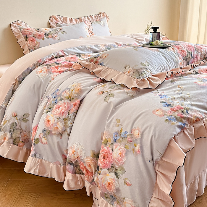 91家纺网 家纺一手货源 找家纺 格里芬家纺 2026新款全棉精梳棉韩系花边款印花四件套 芙琳娜