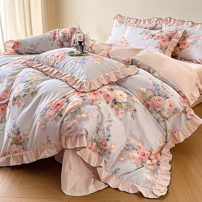 91家纺网 家纺一手货源 找家纺 格里芬家纺 2026新款全棉精梳棉韩系花边款印花四件套 芙琳娜