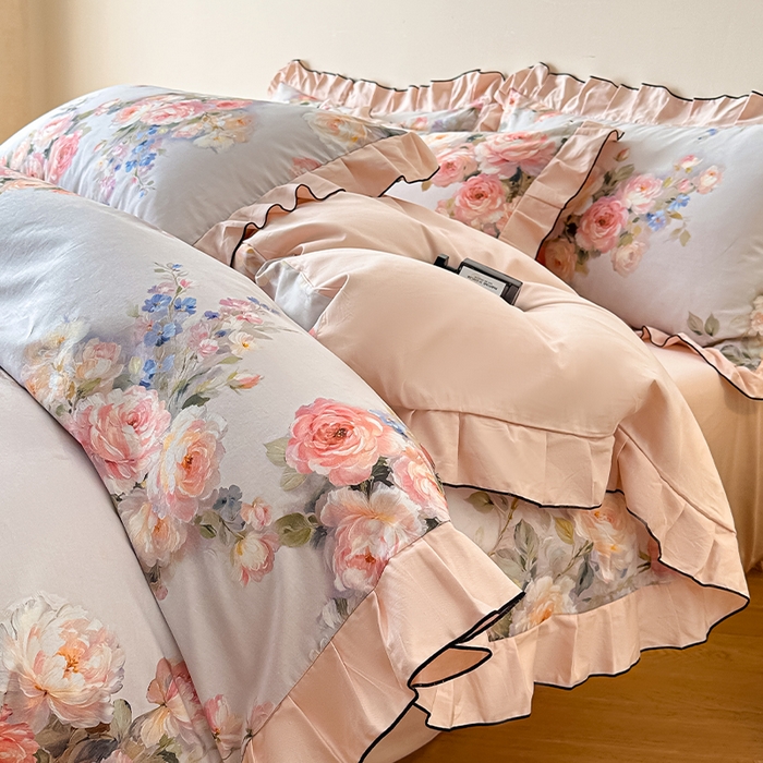 91家纺网 家纺一手货源 找家纺 格里芬家纺 2026新款全棉精梳棉韩系花边款印花四件套 芙琳娜