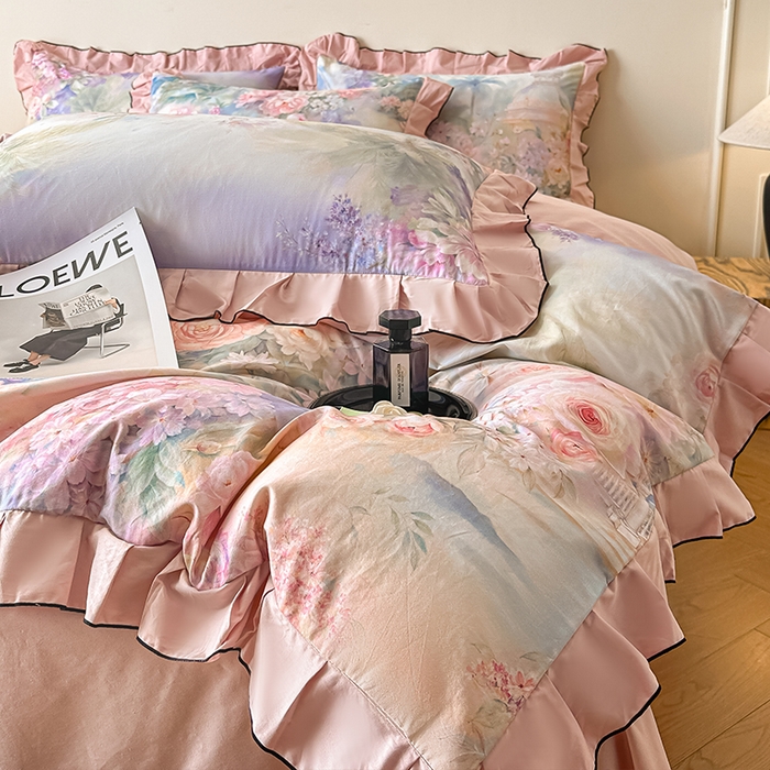 91家纺网 家纺一手货源 找家纺 格里芬家纺 2026新款全棉精梳棉韩系花边款印花四件套 波西娅-粉