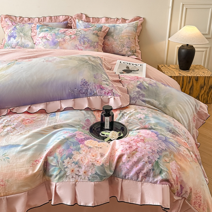 91家纺网 家纺一手货源 找家纺 格里芬家纺 2026新款全棉精梳棉韩系花边款印花四件套 波西娅-粉