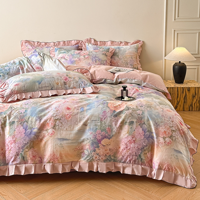 91家纺网 家纺一手货源 找家纺 格里芬家纺 2026新款全棉精梳棉韩系花边款印花四件套 波西娅-粉