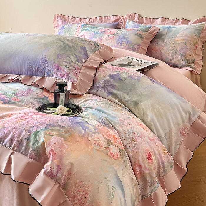 91家纺网 家纺一手货源 找家纺 格里芬家纺 2026新款全棉精梳棉韩系花边款印花四件套 波西娅-粉