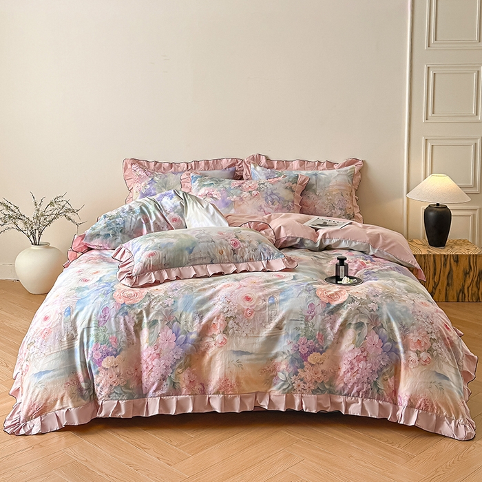 91家纺网 家纺一手货源 找家纺 格里芬家纺 2026新款全棉精梳棉韩系花边款印花四件套 波西娅-粉