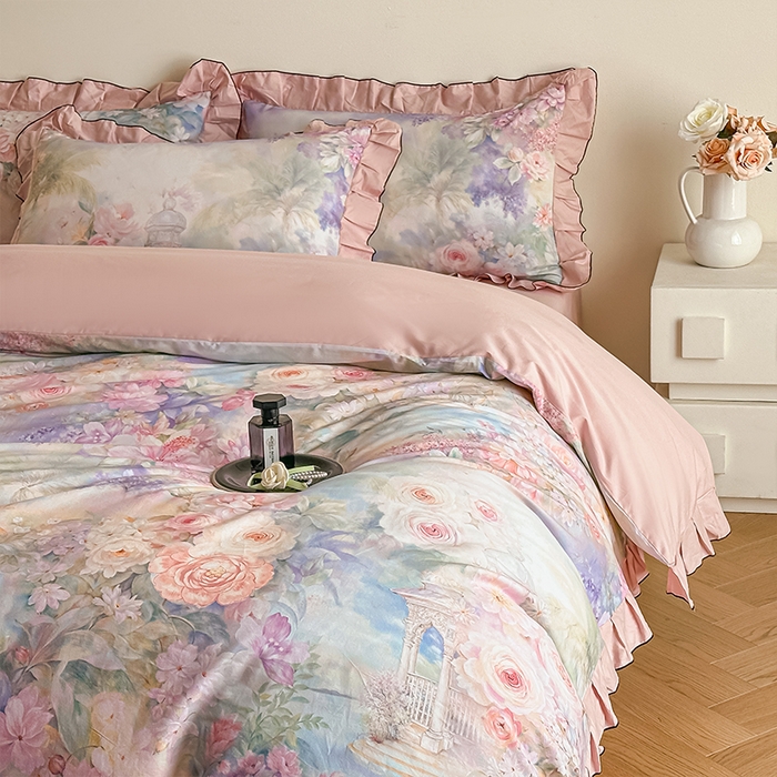 91家纺网 家纺一手货源 找家纺 格里芬家纺 2026新款全棉精梳棉韩系花边款印花四件套 波西娅-粉