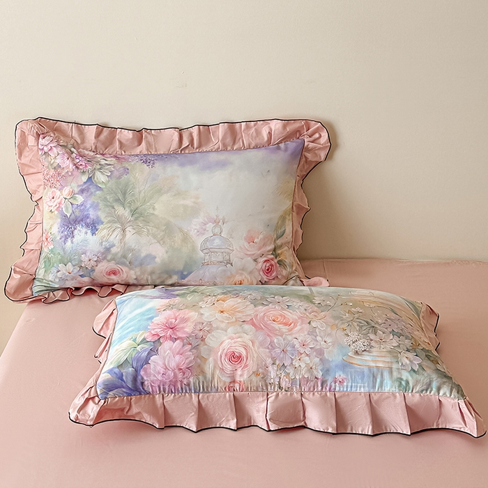 91家纺网 家纺一手货源 找家纺 格里芬家纺 2026新款全棉精梳棉韩系花边款印花四件套 波西娅-粉