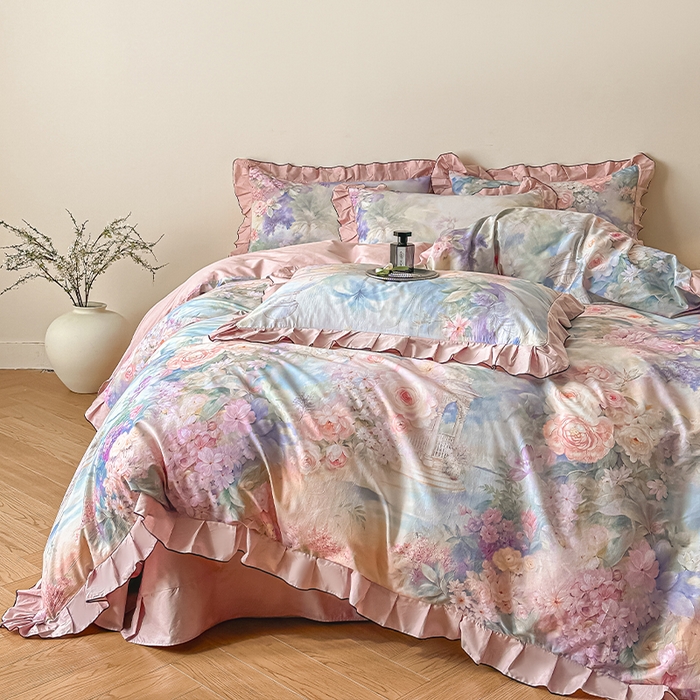 91家纺网 家纺一手货源 找家纺 格里芬家纺 2026新款全棉精梳棉韩系花边款印花四件套 波西娅-粉