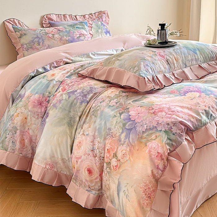 91家纺网 家纺一手货源 找家纺 格里芬家纺 2026新款全棉精梳棉韩系花边款印花四件套 波西娅-粉