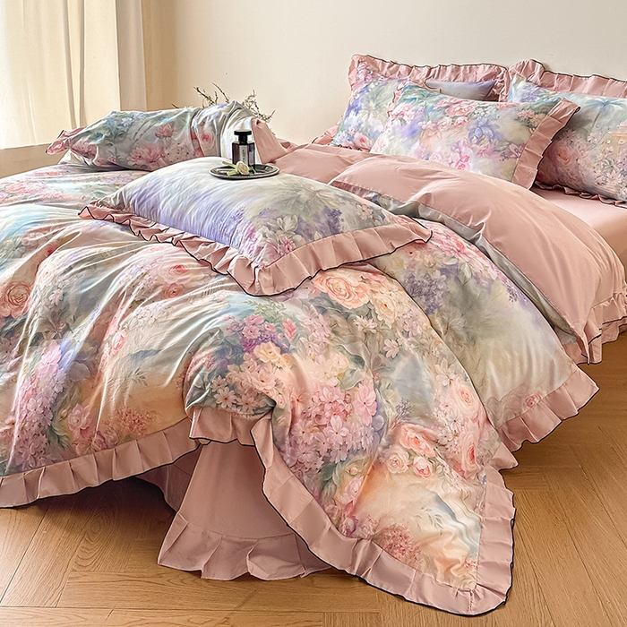 91家纺网 家纺一手货源 找家纺 格里芬家纺 2026新款全棉精梳棉韩系花边款印花四件套 波西娅-粉