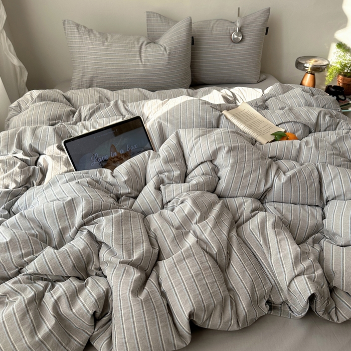 91家纺网 家纺一手货源 找家纺 XIWEN-希文家纺 2026春夏新款40支全棉纯棉色织水洗棉四件套海盐条-兰