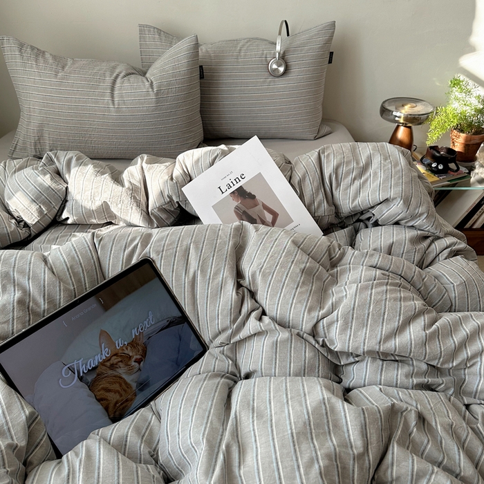 91家纺网 家纺一手货源 找家纺 XIWEN-希文家纺 2026春夏新款40支全棉纯棉色织水洗棉四件套海盐条-兰