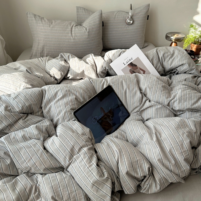 91家纺网 家纺一手货源 找家纺 XIWEN-希文家纺 2026春夏新款40支全棉纯棉色织水洗棉四件套海盐条-兰