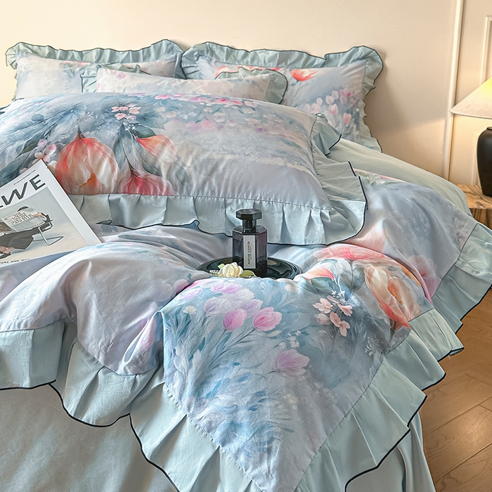 91家纺网 家纺一手货源 找家纺 格里芬家纺 2026新款全棉精梳棉韩系花边款印花四件套 春芳