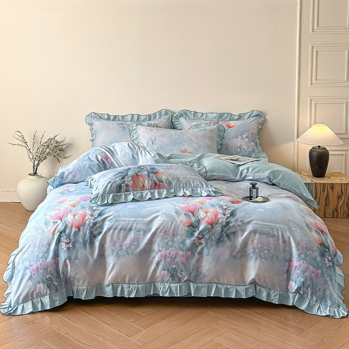 91家纺网 家纺一手货源 找家纺 格里芬家纺 2026新款全棉精梳棉韩系花边款印花四件套 春芳