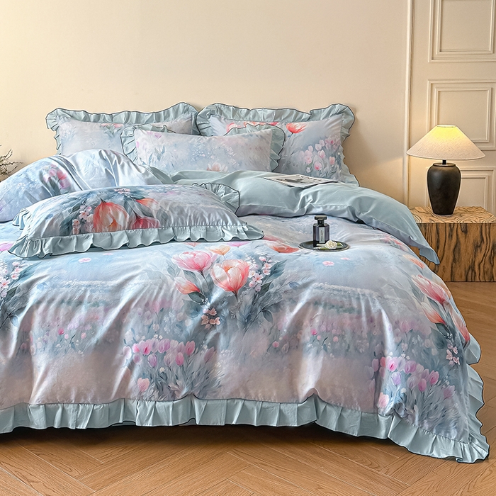 91家纺网 家纺一手货源 找家纺 格里芬家纺 2026新款全棉精梳棉韩系花边款印花四件套 春芳