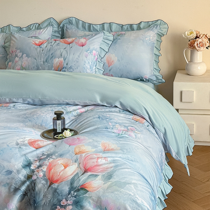 91家纺网 家纺一手货源 找家纺 格里芬家纺 2026新款全棉精梳棉韩系花边款印花四件套 春芳