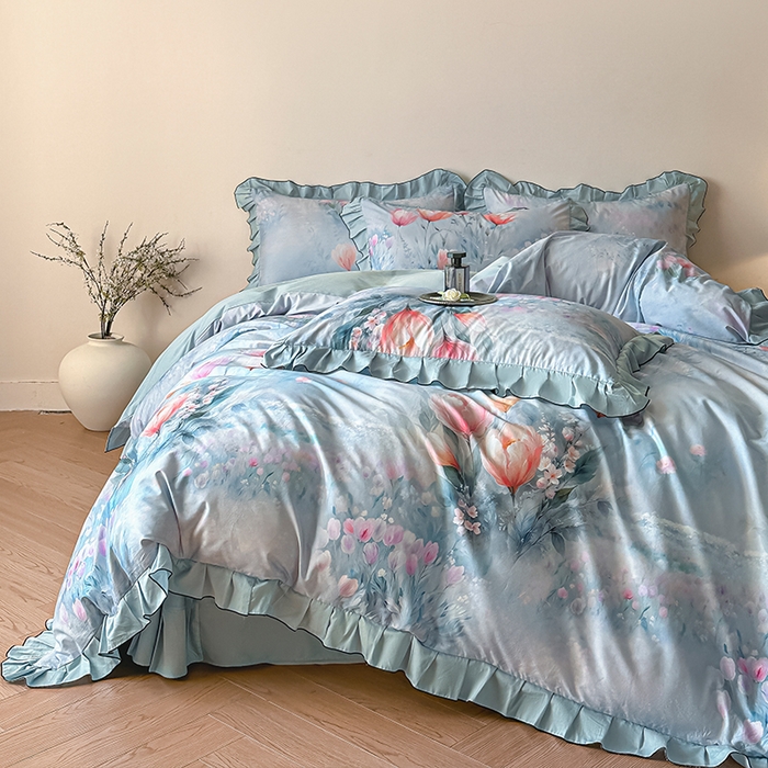 91家纺网 家纺一手货源 找家纺 格里芬家纺 2026新款全棉精梳棉韩系花边款印花四件套 春芳