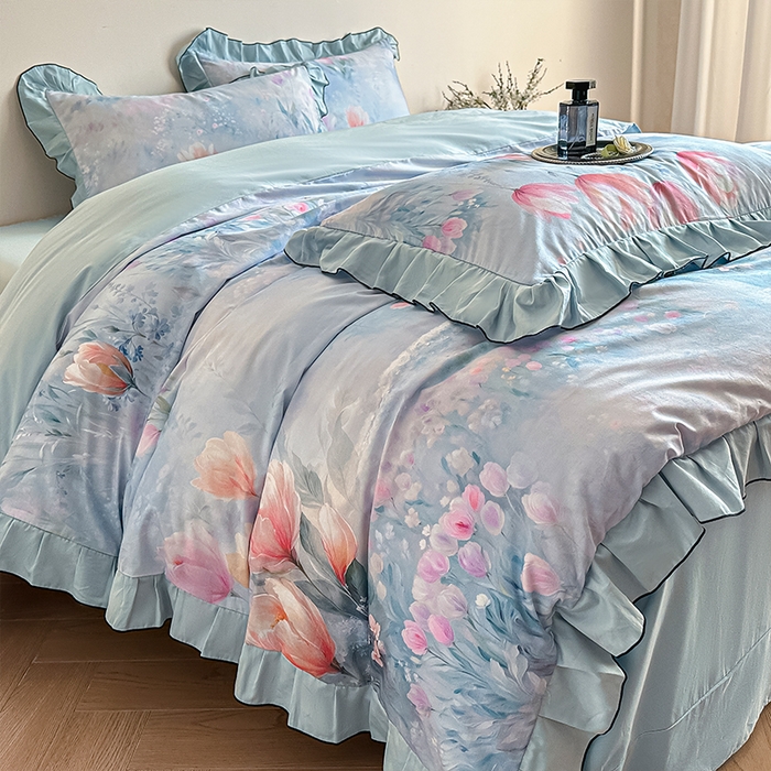 91家纺网 家纺一手货源 找家纺 格里芬家纺 2026新款全棉精梳棉韩系花边款印花四件套 春芳