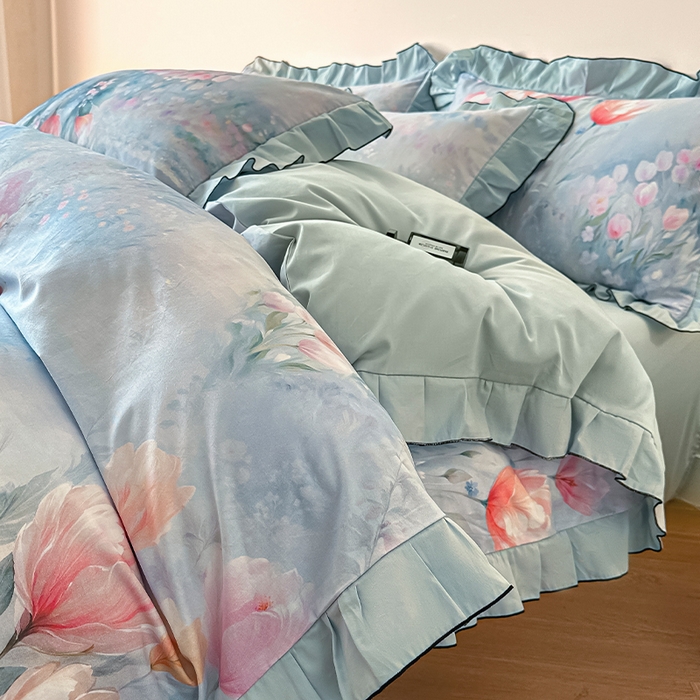 91家纺网 家纺一手货源 找家纺 格里芬家纺 2026新款全棉精梳棉韩系花边款印花四件套 春芳