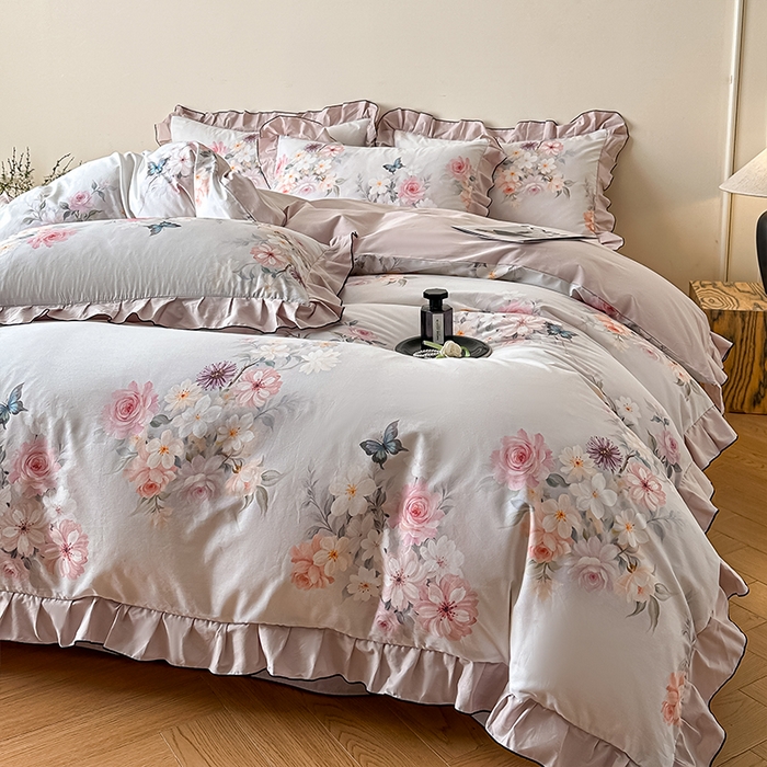 格里芬家纺 2026新款全棉精梳棉韩系花边款印花四件套 蝶美花香-白