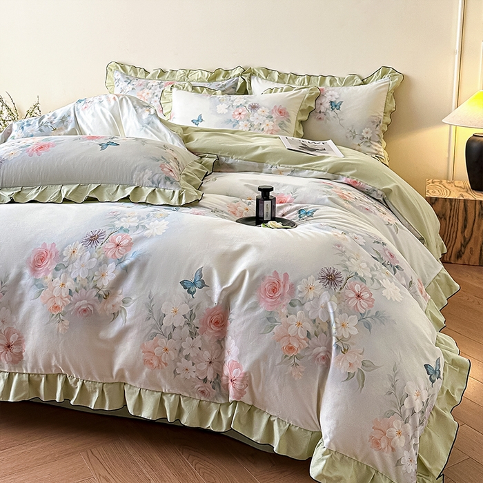 格里芬家纺 2026新款全棉精梳棉韩系花边款印花四件套 蝶美花香-绿