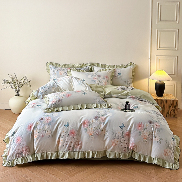 91家纺网 家纺一手货源 找家纺 格里芬家纺 2026新款全棉精梳棉韩系花边款印花四件套 蝶美花香-绿