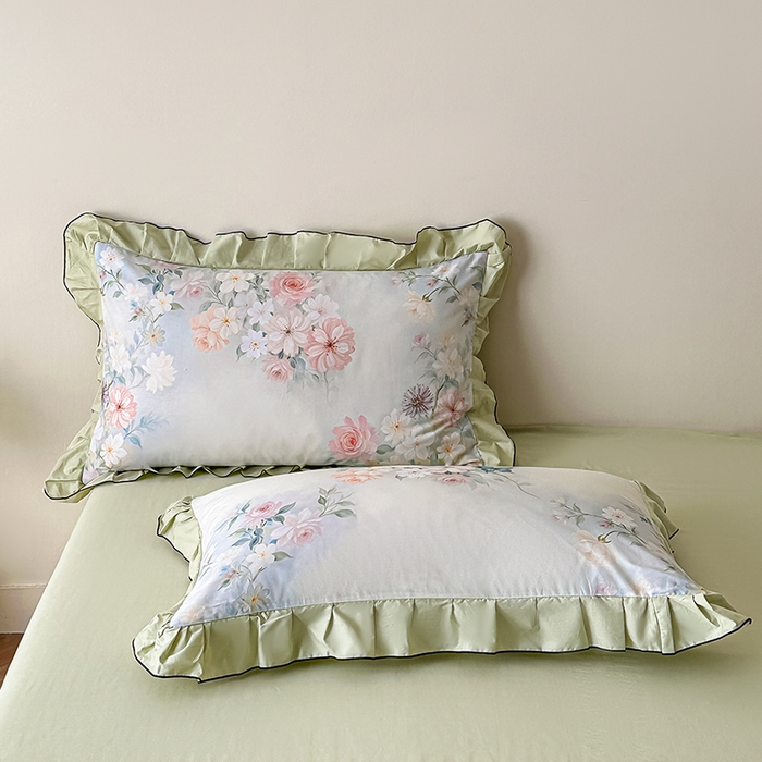 91家纺网 家纺一手货源 找家纺 格里芬家纺 2026新款全棉精梳棉韩系花边款印花四件套 蝶美花香-绿