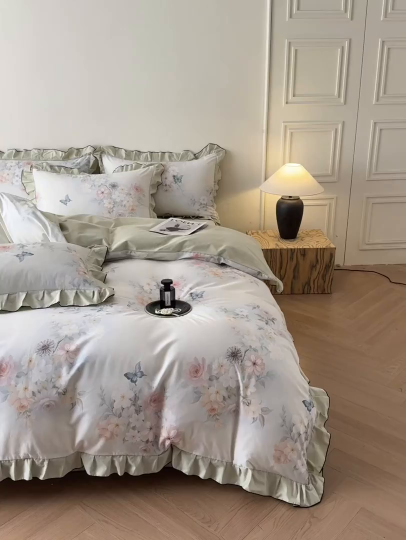 91家纺网 家纺一手货源 找家纺 格里芬家纺 2026新款全棉精梳棉韩系花边款印花四件套 蝶美花香-绿