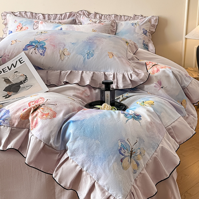 91家纺网 家纺一手货源 找家纺 格里芬家纺 2026新款全棉精梳棉韩系花边款印花四件套 蝶舞飞扬