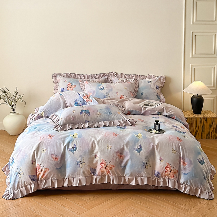 91家纺网 家纺一手货源 找家纺 格里芬家纺 2026新款全棉精梳棉韩系花边款印花四件套 蝶舞飞扬