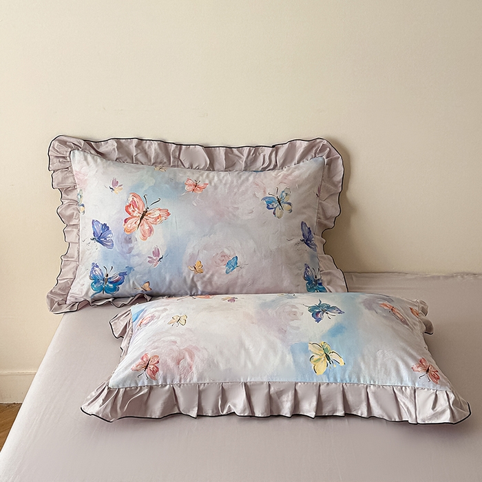 91家纺网 家纺一手货源 找家纺 格里芬家纺 2026新款全棉精梳棉韩系花边款印花四件套 蝶舞飞扬