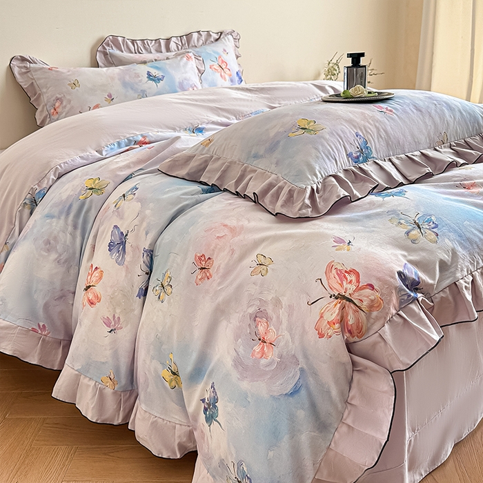 91家纺网 家纺一手货源 找家纺 格里芬家纺 2026新款全棉精梳棉韩系花边款印花四件套 蝶舞飞扬